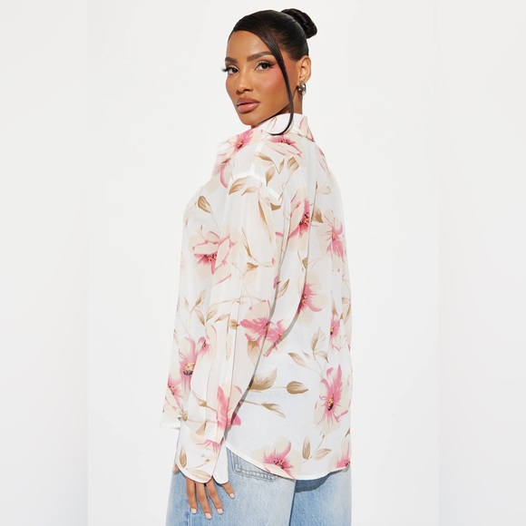 Sheer Floral Shirt - Ivory/Combo - Size Large - Picture 3 of 11